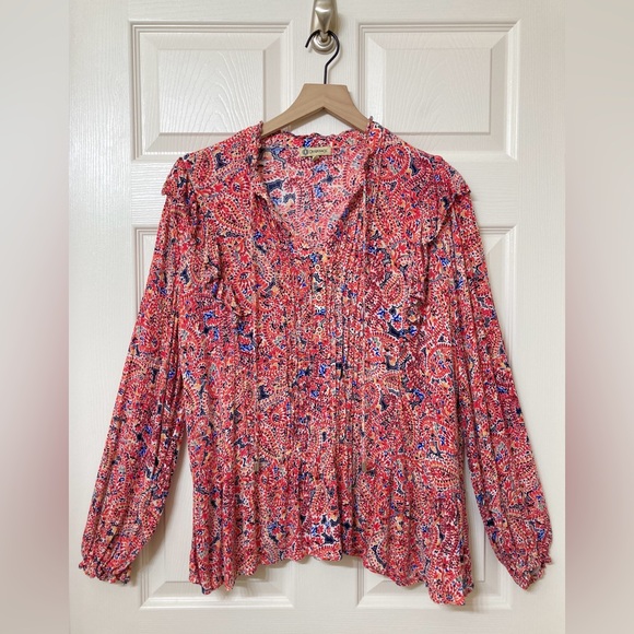 Democracy Tops - Democracy Women’s Red Paisley Floral Long Sleeve Rayon Blouse XL Southwestern